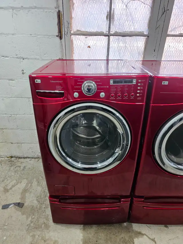CHERRY RED LG 27' Front-Load Stackable Washer Dryer W/ Pedestals - Photo 2