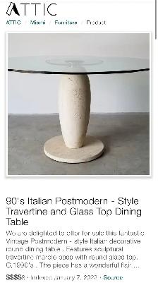90's Italian Postmodern - Style Travertine & Glass Top Dining T