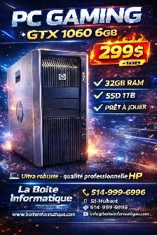 PC GAMING GTX 1060 6Go 32GB RAM SSD 1TB HP Z800 - Fortnite Ready