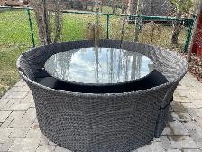Round patio table with seating for 9