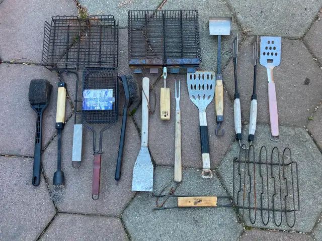 Various BBQ Barbecue Grilling Tools. Tongs, Baskets, Scrubbers