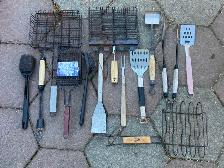 Various BBQ Barbecue Grilling Tools. Tongs, Baskets, Scrubbers