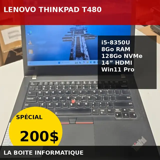 Laptop Lenovo ThinkPad T480 14" Intel i5-8350U 8Go DDR4 SSD 128G