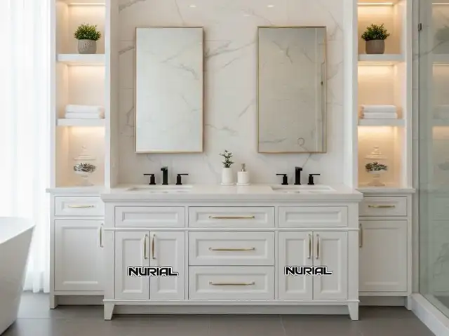 Shower fixtures LED mirrors solid wood cabinets