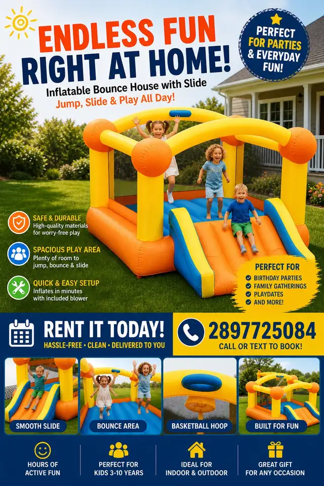 Bounce House Castle Rental with Slide and Basketball Hoop
