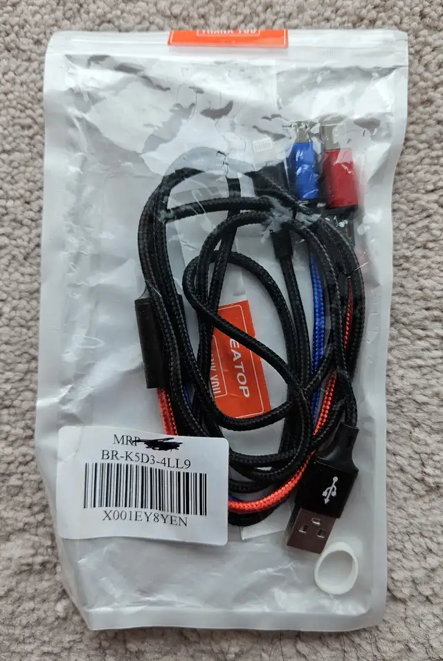 BRAND NEW APPLE AND ANDROID 3 IN 1 CHARGING CABLE (3FT)