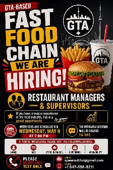 Hiring for restaurant manager/supervisor positions
