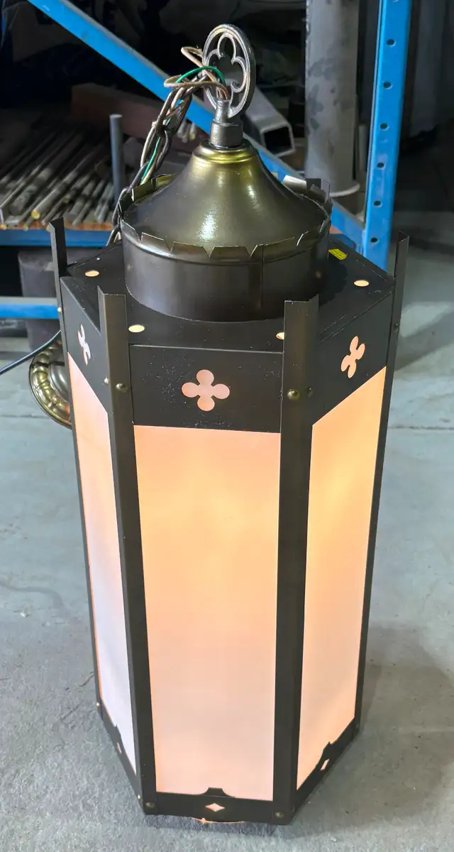 Antique Metal Stained Glass Hexagonal Gothic-Style Pendant Light