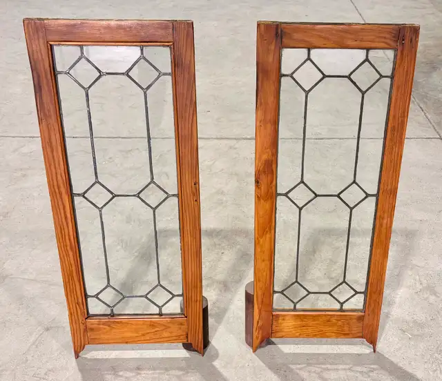Antique Pair Of Leaded Glass Windows (Pine Frames)