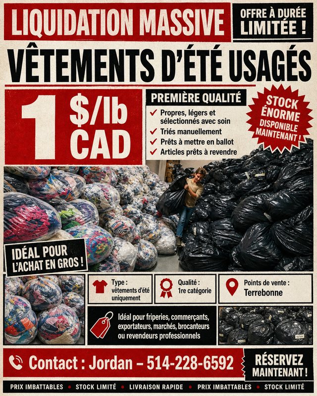 LIQUIDATION — Vetements ete 1$/lb — Stock dispo cette semaine