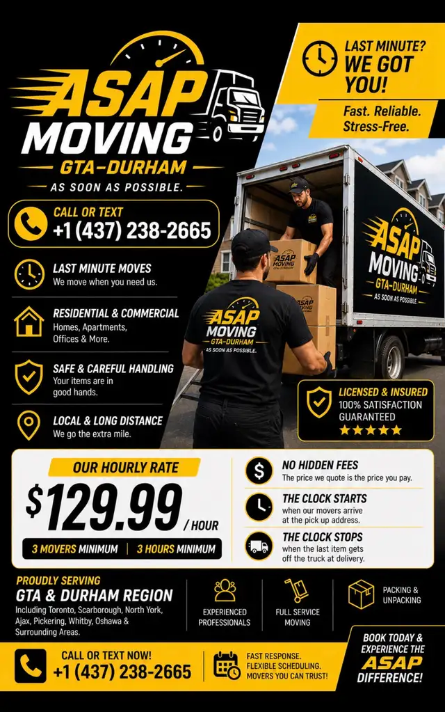 ASAP Moving GTA Durham       Movers !