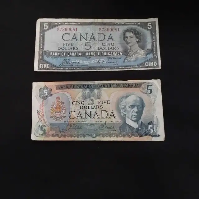 1954 and 1979 collectible Canadian $5 bills