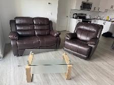 LEATHER BROWN LOVESEAT AND CHAIR SET RECLINING INCLUDING GLASS T
