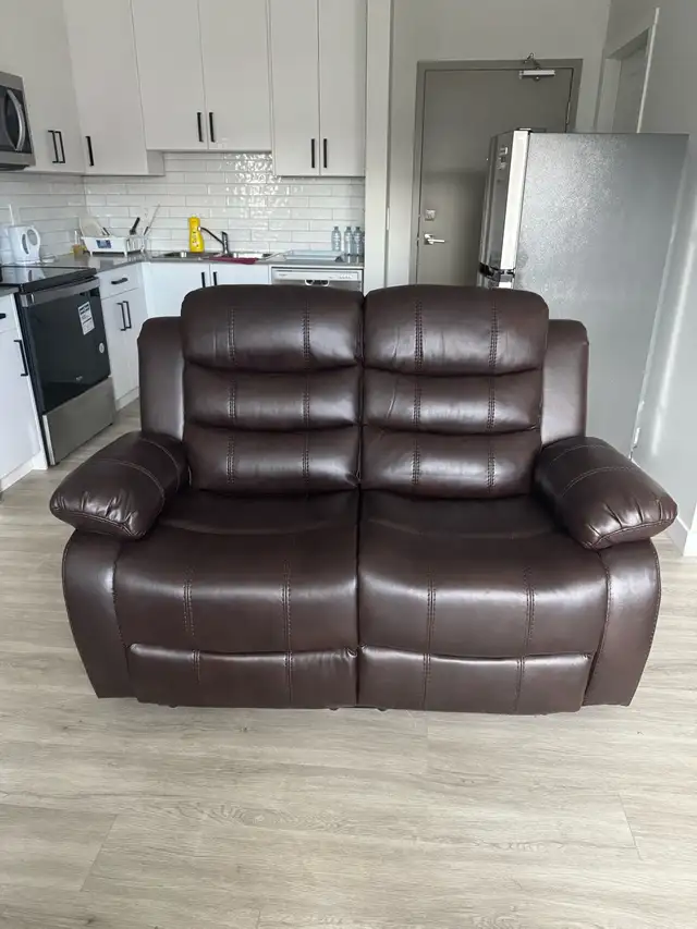 LEATHER BROWN LOVESEAT AND CHAIR SET RECLINING INCLUDING GLASS T - Photo 3