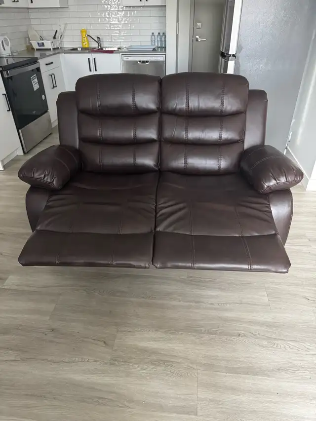LEATHER BROWN LOVESEAT AND CHAIR SET RECLINING INCLUDING GLASS T - Photo 4