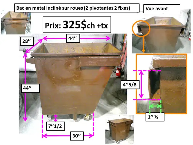 Bac en métal incliné sur roues (2 pivotantes 2 fixes) et autres