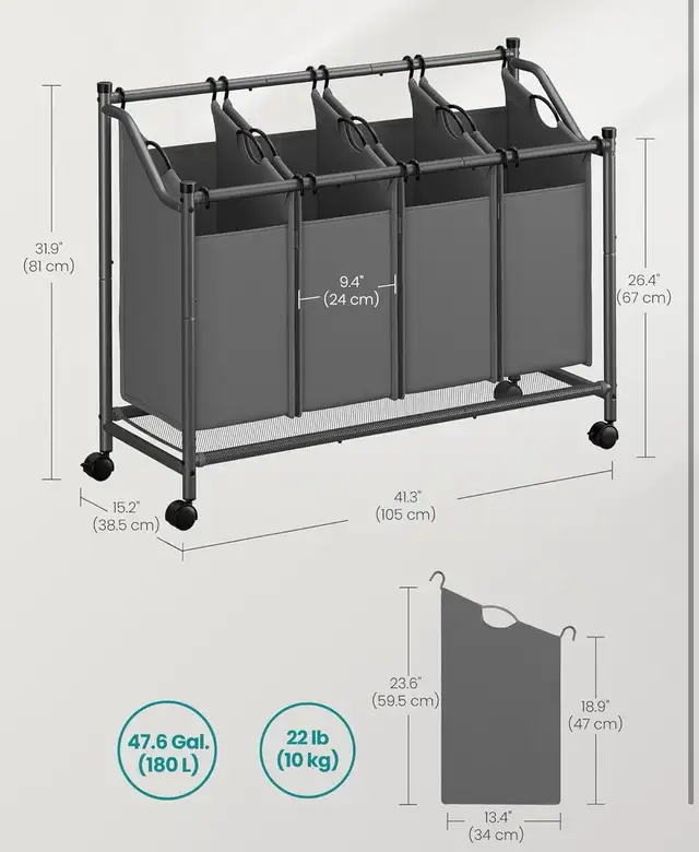 SONGMICS 4-Section Rolling Laundry Sorter – Large Capacity - Photo 3