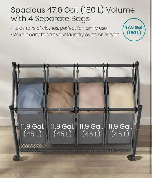SONGMICS 4-Section Rolling Laundry Sorter – Large Capacity - Photo 4