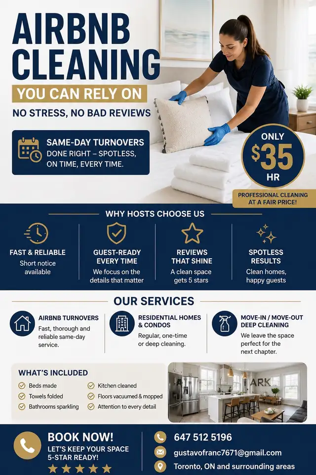 Airbnb Cleaning Service – Same Day Turnovers | $35/hr | Reliable