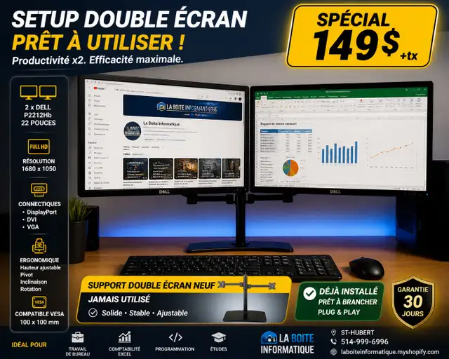 ️ Setup Double Écran Dell P2212Hb 22'   Support Double – Prêt