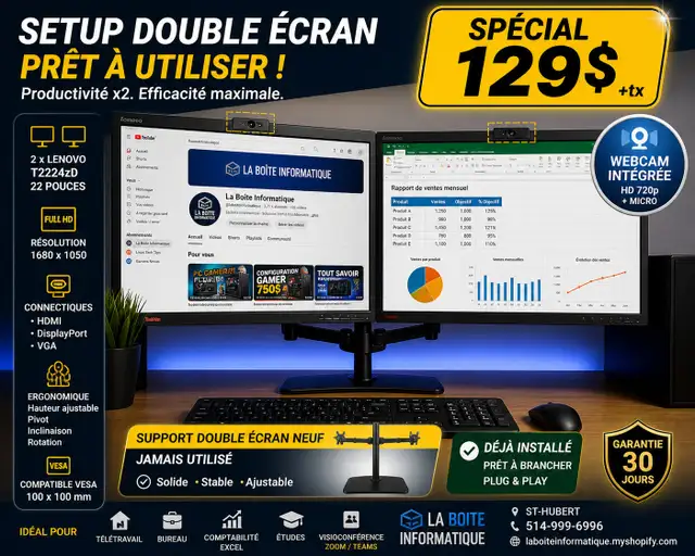️ Setup Double Écran Lenovo 22'   Support Double – Prêt à Util