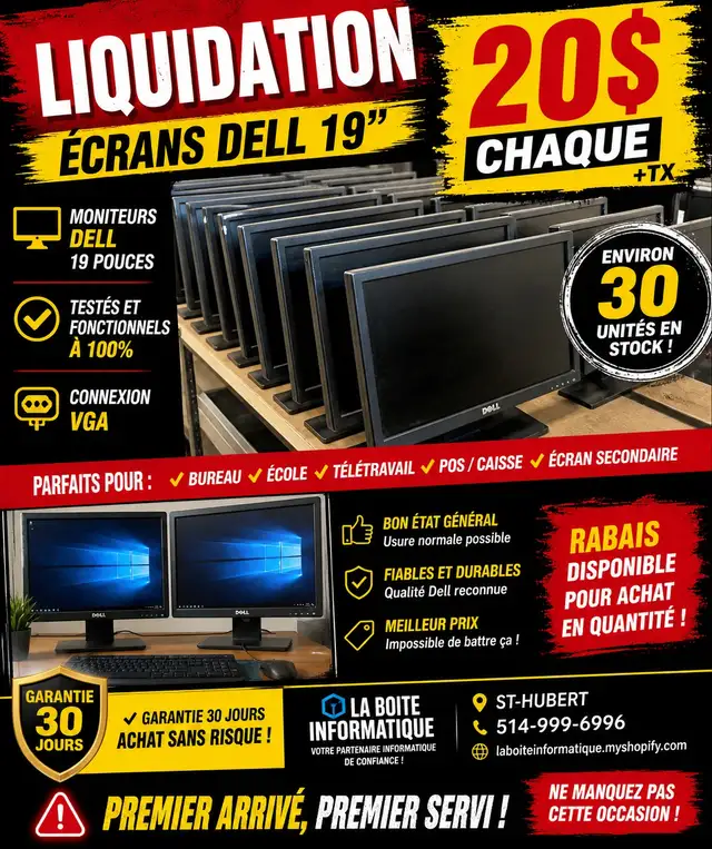 ️ Moniteurs Dell 19' – 20$ CHAQUE  Testés & Fonctionnels