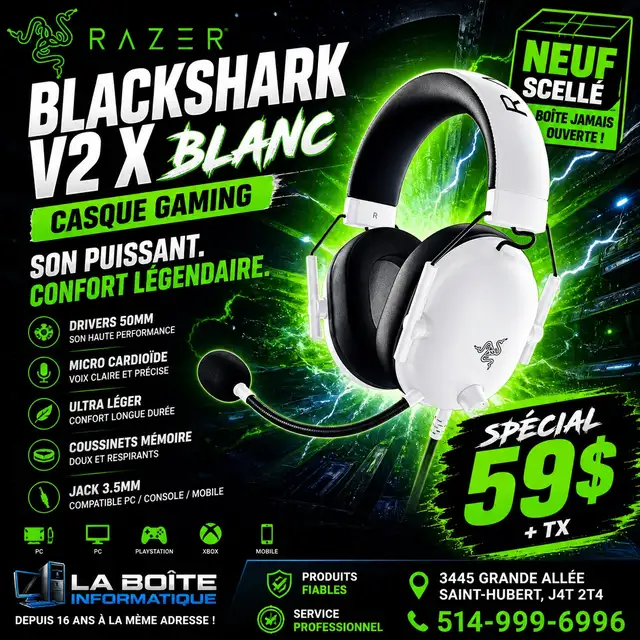 Casque Gaming Razer BlackShark V2 X Blanc – Micro Clair – Léger