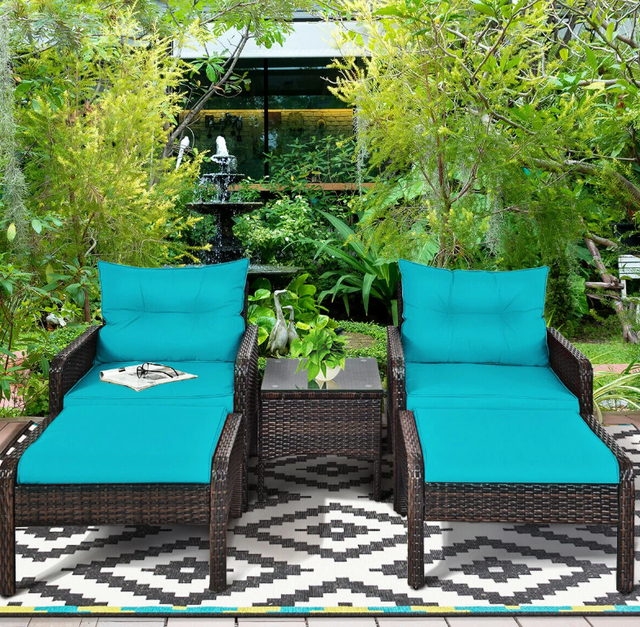 5 Pcs Patio Rattan Sofa Ottoman Furniture Set