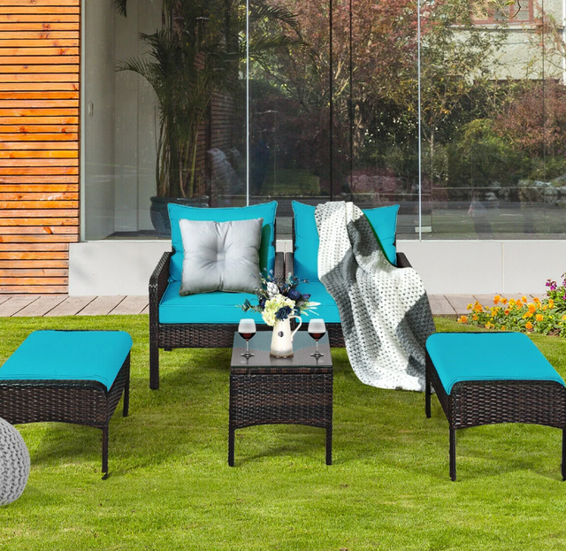 5 Pcs Patio Rattan Sofa Ottoman Furniture Set - Photo 5