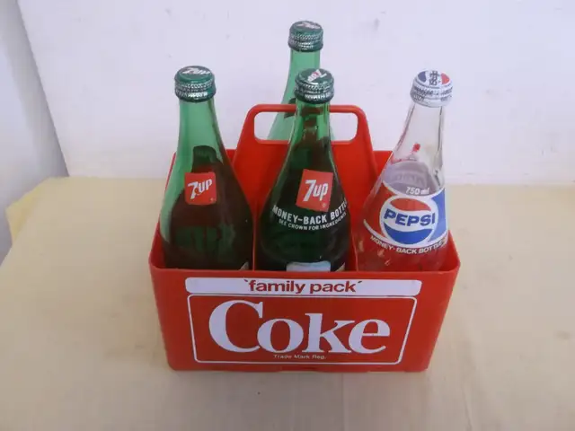 Vintage Pepsi 7-Up Coke 750 ML Glass Pop Bottles Plastic Case