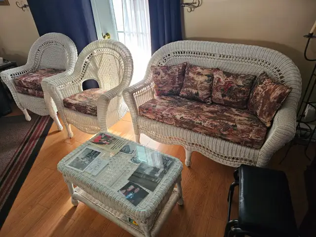 Vintage wicker set chair table mint white rotin inside double 4