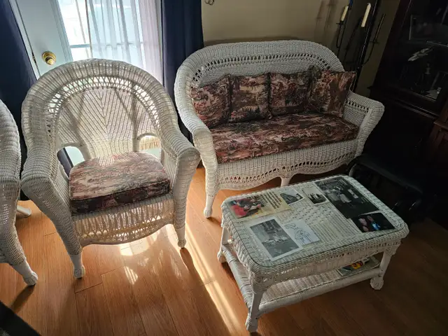Vintage wicker set chair table mint white rotin inside double 4 - Photo 3