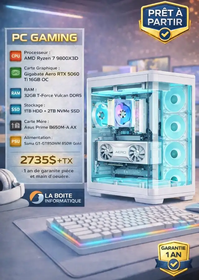 PC GAMING NEUF RTX5060Ti AMD Ryzen 7 9800X3D 32GB DDR5 2TB NVMe