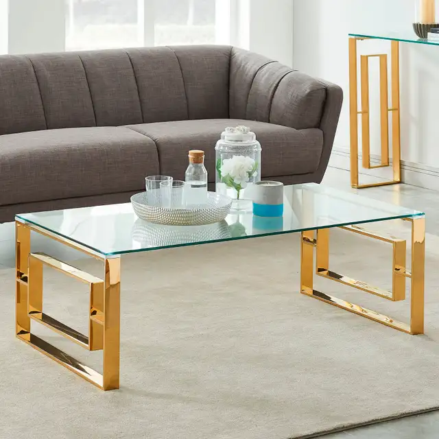 EROS COFFEE TABLE IN POLISHED GOLD AND THICK GLASS.. - Photo 5
