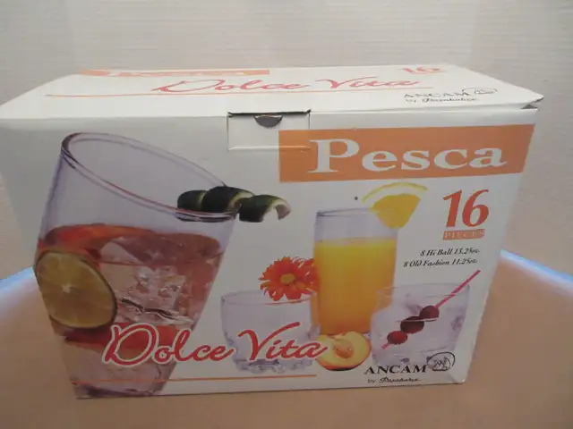NEW: PESCA 16 PIECE GLASS SET IN ORIGINAL BOXAS PICTURED