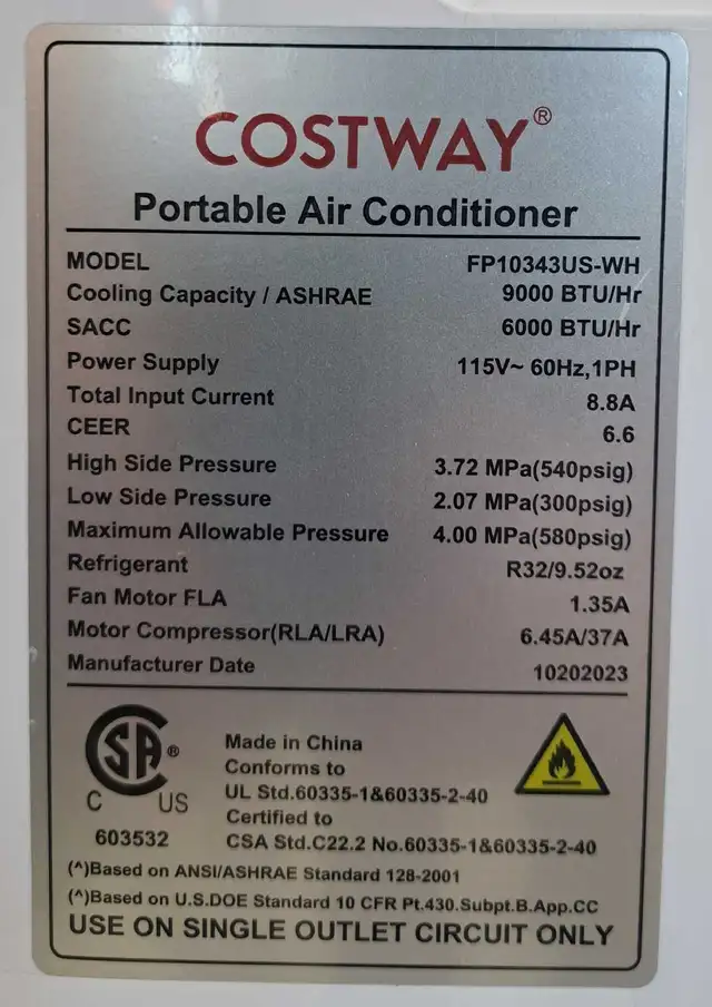 9K BTU Costway FP10343US-WH Portable AC w/Accessories (31509820) - Photo 4