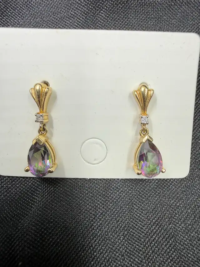 Women's 10K Gold Mystic Topaz Earrings w Small Diamond