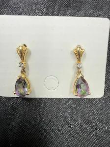 Women's 10K Gold Mystic Topaz Earrings w Small Diamond
