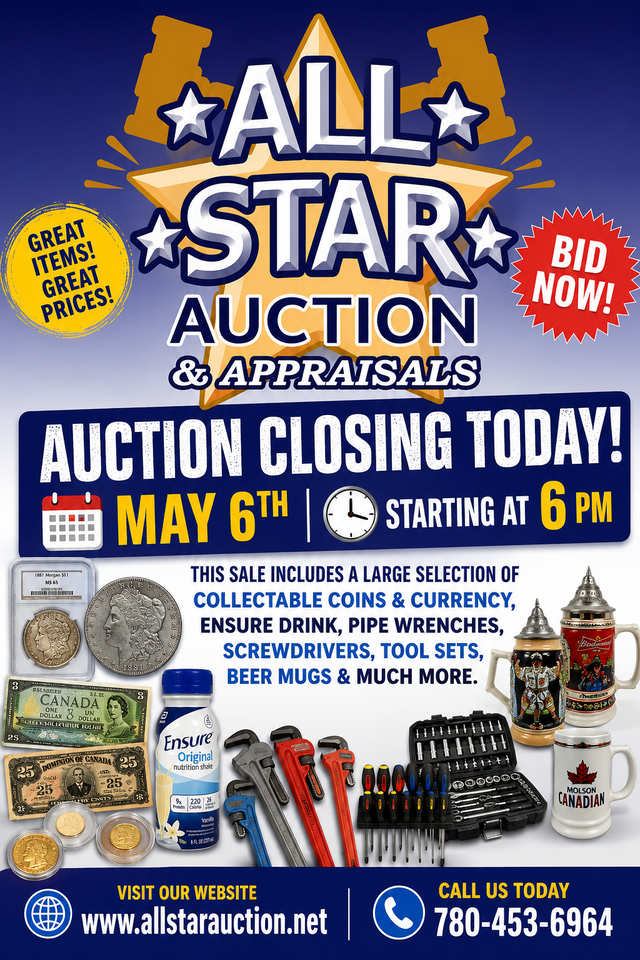 EDMONTON:  Timed Online Weekly Consignment Auction - May 6 @ 6pm