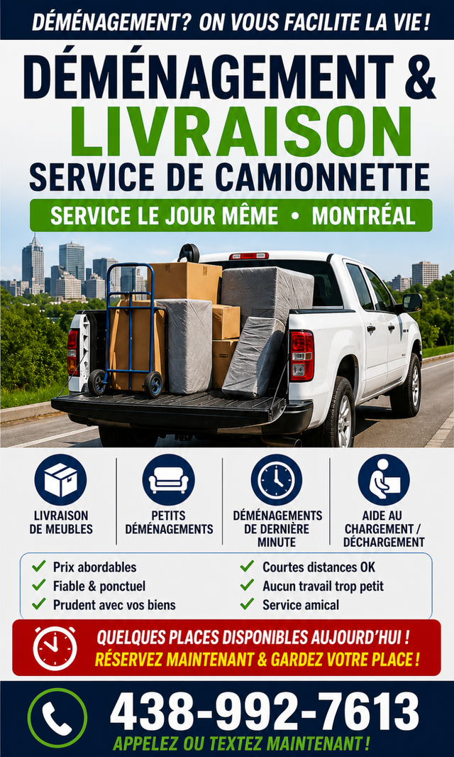 MONTRÉAL CAMION DE DÉMÉNAGEMENT – AIDE RAPIDE MÊME JOUR