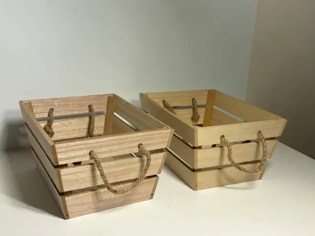 Rustic Wooden Storage Crates w/ Rope Handles – Set of 2