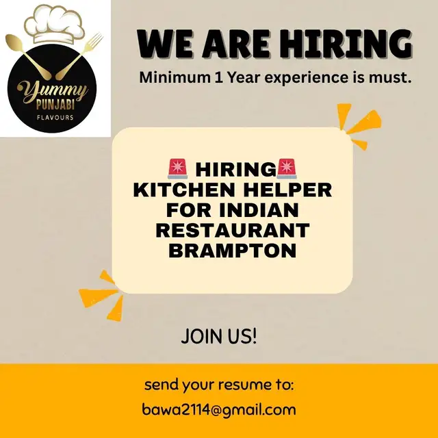 Hiring: Kitchen Helper – Indian Restaurant  Brampton