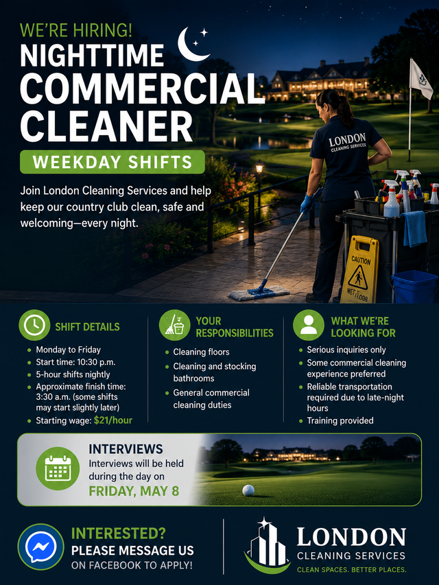 Nighttime Commercial Cleaner Needed Weekday shifts for Golf Club