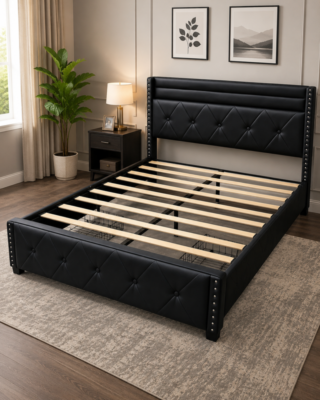 ✨ MODERN Black Leather LED BED FRAME WITH STORAGE ✨LED , Type C