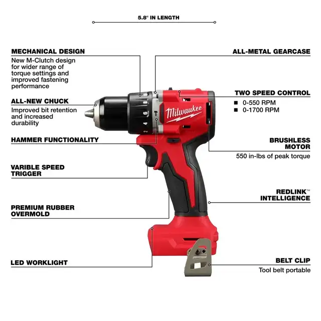 New! Milwaukee M18 1/2' Compact Brushless Hammer Drill 3602-20 - Photo 2