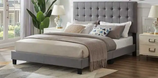 OAKVILLE BED - GREY COLOUR TUFFTED LINEN FABRIC BED