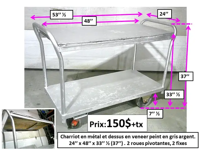 Charriot 24'' x 48'' x 33''1/2 (37'') métal et veneer et autres