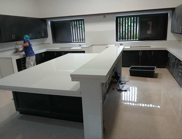 White Quartz Countertop - With Black Island