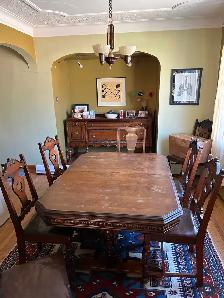 Dining table, chairs and hutch