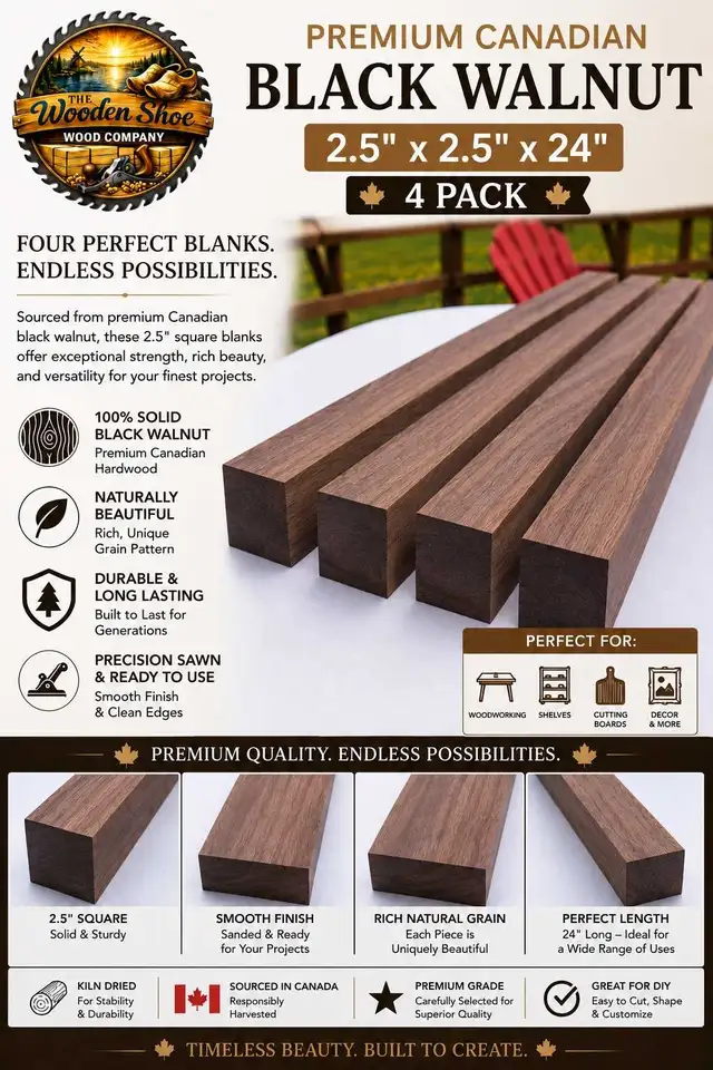 Premium Canadian Black Walnut Hardwood Blanks – 4 Pack